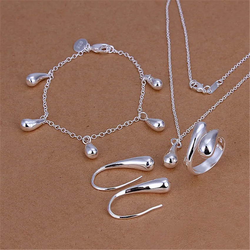 

Hot 925 Sterling Silver Water Droplets Pendant Bracelet Necklace Earrings Rings Jewelry Sets for Women Fashion Party Good Gifts