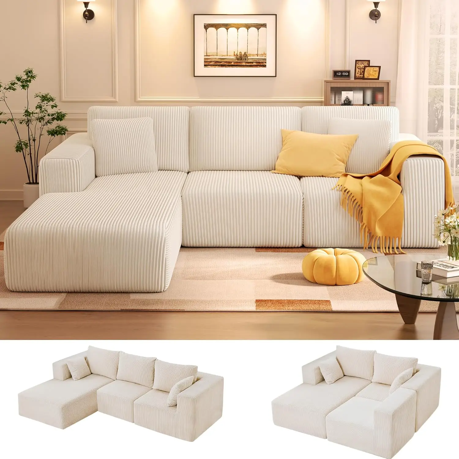 107'' Modular Sectional Sofa, L Shaped Cloud Couch for Living Room, Modern Boneless Sofa with Chaise for Bedroom, Beige