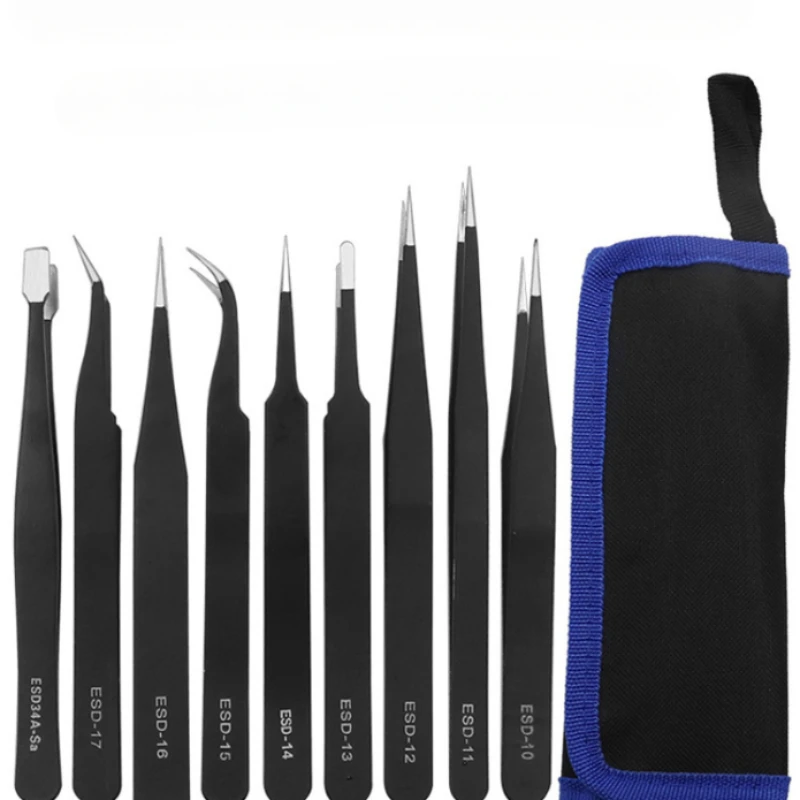 

9PCS/Set of High-Elasticity Stainless Steel Tweezers with Perfect for Hard Electronic Repairs - Straight & Curved