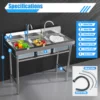 Bymaocar 3-Compartment Public Commercial Stainless Steel Utility Sink,Free Standing High-capacity Laundry Basin with Two Faucets 3