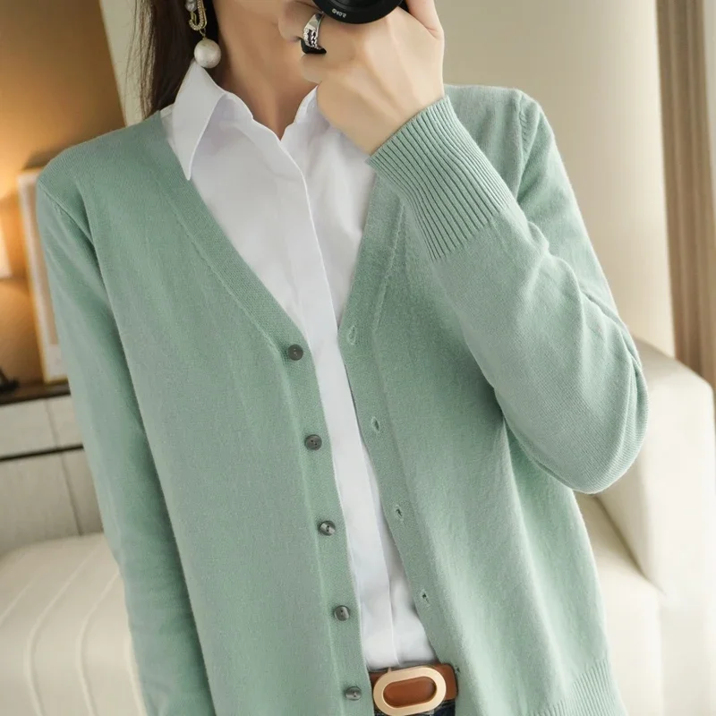 Women Cardigans V-neck Long Sleeve Knitted Outerwear Solid Thin Spring Autumn Sweaters Knitwears Korean Fashion Red Cardigans 5