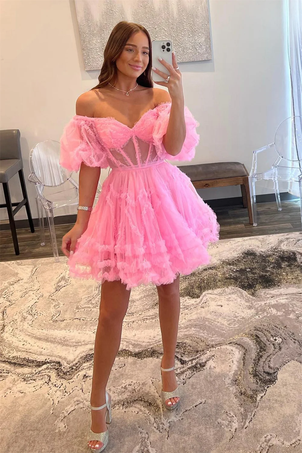 

Off the Shoulder Sweetheart Short Homecoming Dresses for Teens Sheer Corset Sleeveless Cocktail Party Backless Formal Prom Gowns