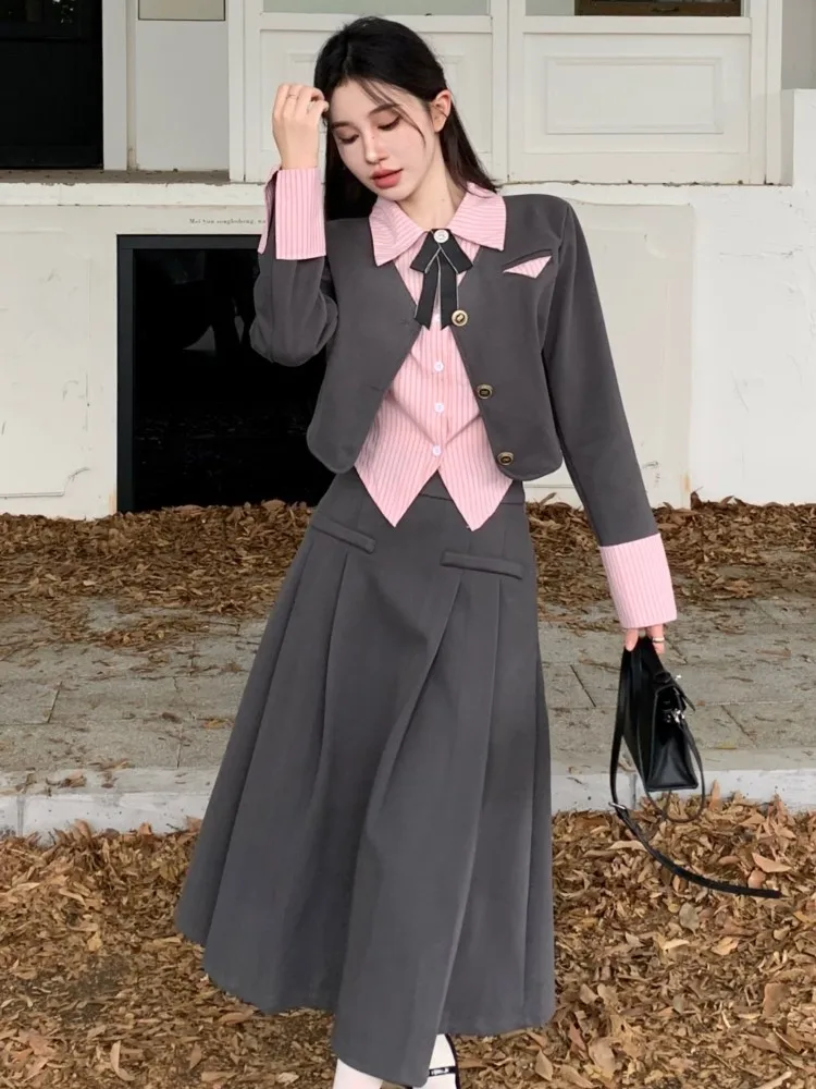 

Autumn Vintage Women Dress Korean Fashion Patchwork Long Sleeve Short Top Casual A-line Midi Skirt 2023 Female New 2 Pieces Set