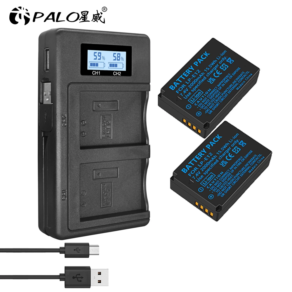 Batteria Palo Lp-E12 Lp E12 Per Canon + Led Usb Dual Charger Per Canon Eos M50, Eos M100,100D Kiss X7 Rebel Sl1 Camera