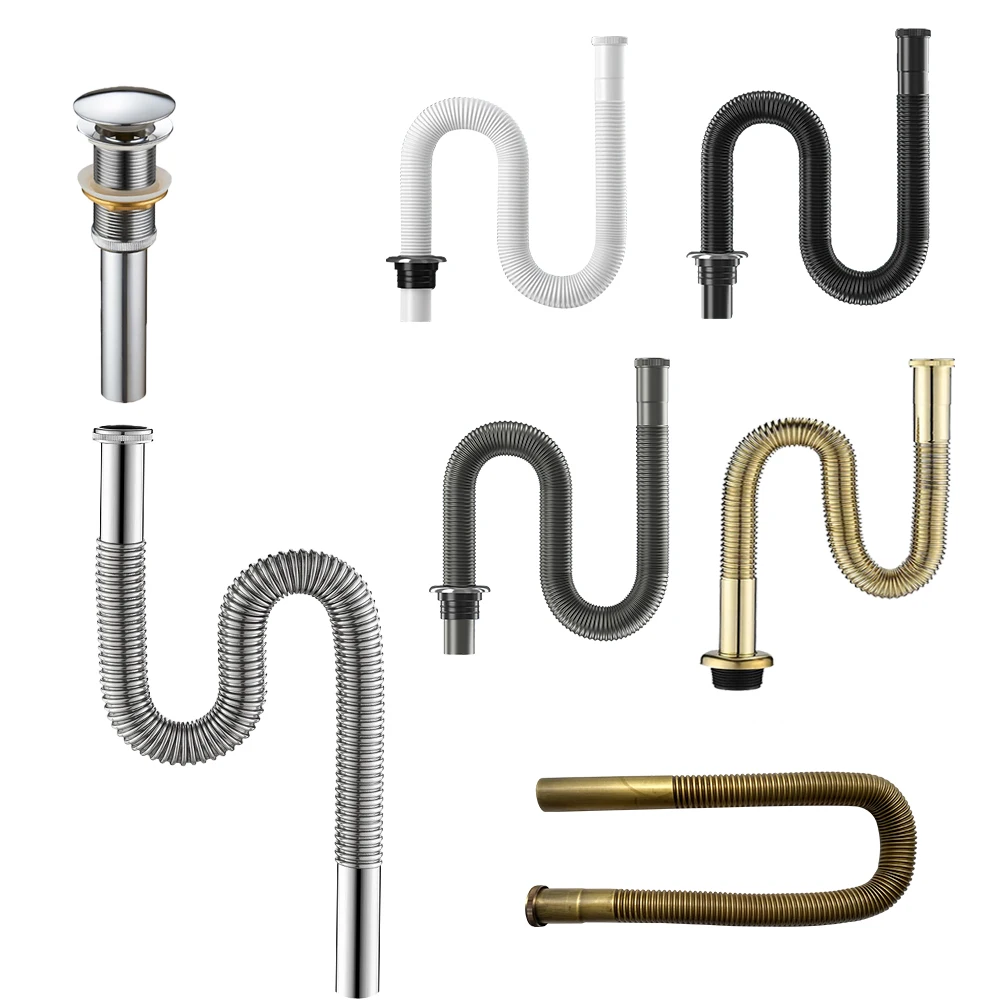 Brass Retractable Drain Hose Bathroom Sink Flexible Drainpipe Basin Pop