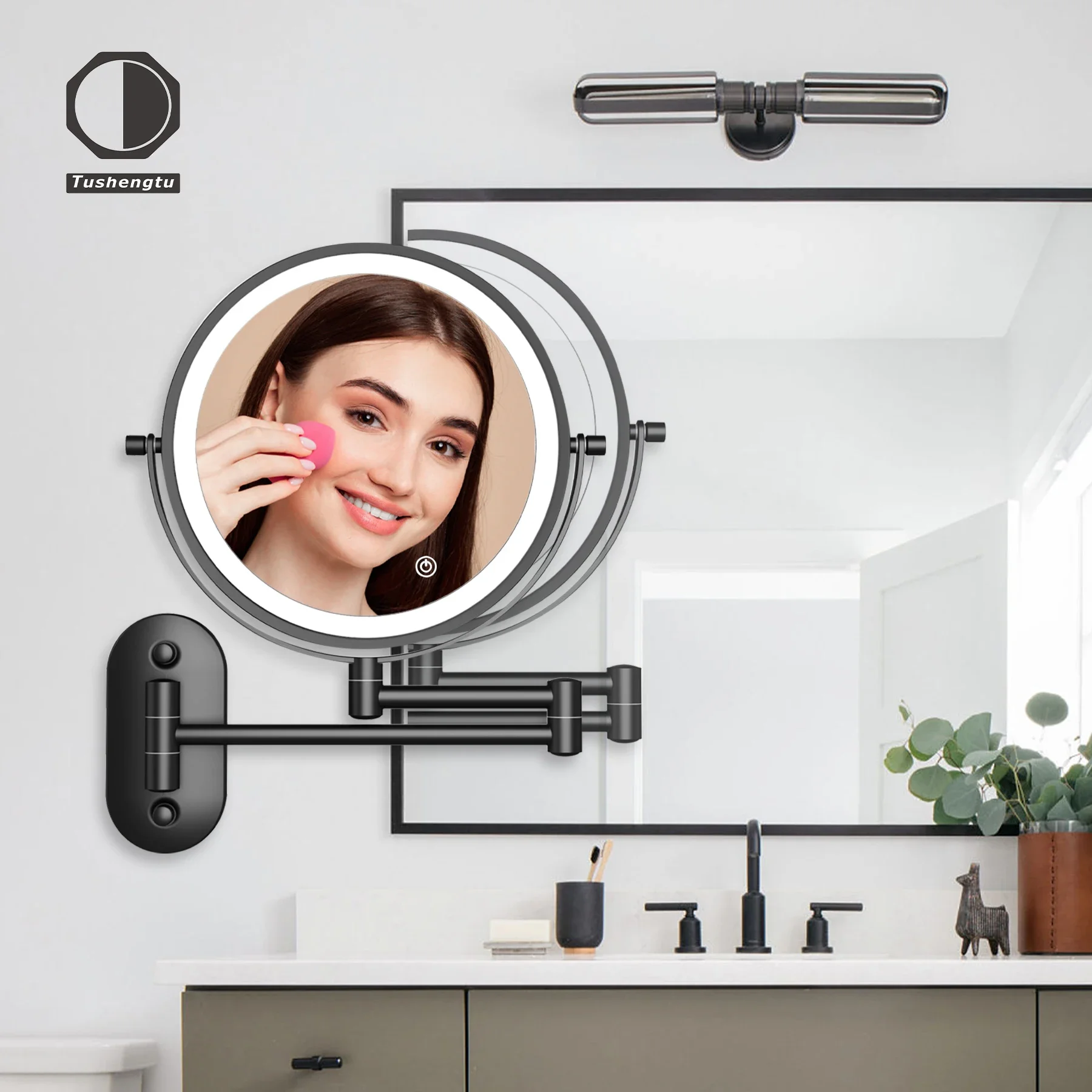 LED wall-mounted makeup mirror, foldable and retractable·no punching·double-sided mirror with light