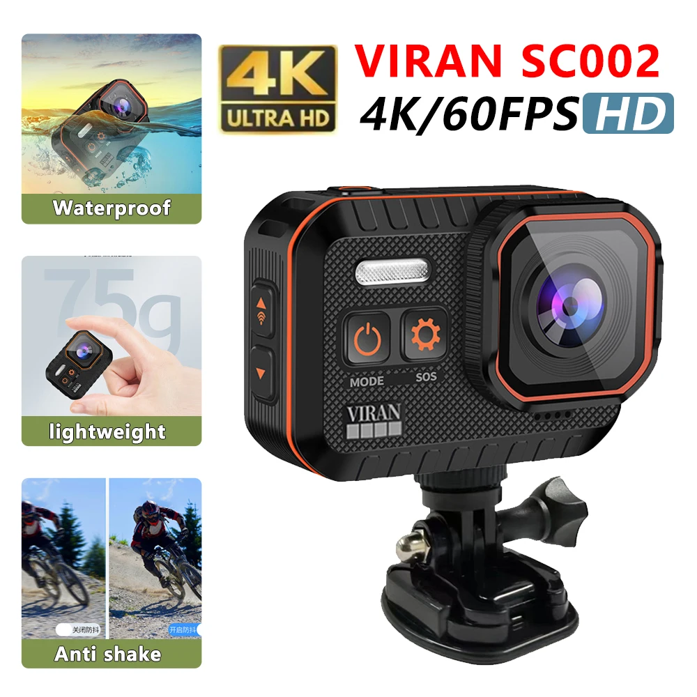 VIRAN Action Camera 4K 60FPS with WiFi Remote 2.0" HD Screen Waterproof Ideal for Drive Recorders, Diving, Traveling and Outdoor