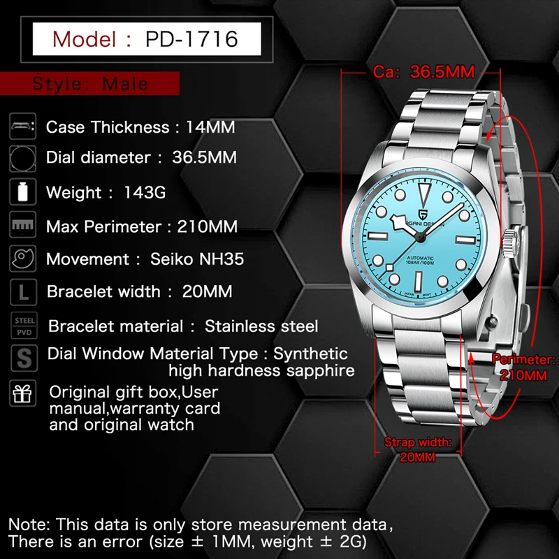 PAGANI DESIGN 36MM 남자 럭셔리 시계 눈송이 손 등반 시리즈 패션 스포츠 손목 시계 NH35A 자동 기계식 시계