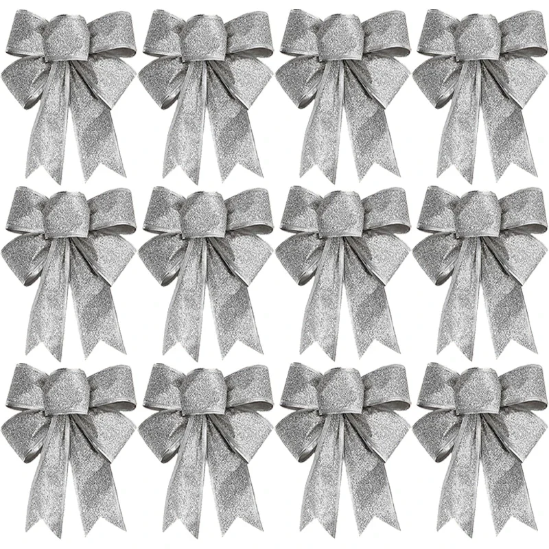 thumbnail image 1 of 1-12pcs Large Christmas Bow Glitter Ribbon Bowknot for Xmas Tree Hanging Pendant Ornaments Xmas Home Party Decoration Supplies, 1 of 5