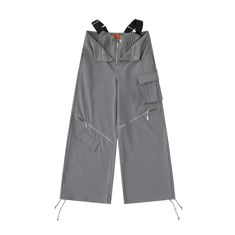 Multi Functional Zipper Large Pocket Design Drawstring Casual Trousers for Female Summer Casual Original Gray Retro Cargo Pants