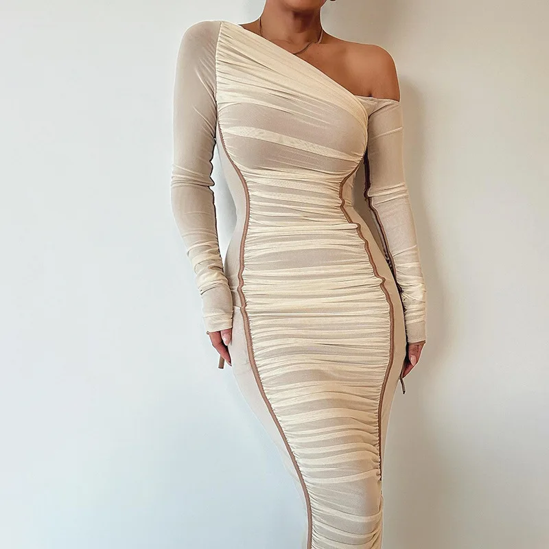 

2024 summer new women's diagonal neck long sleeve high waist gauze dress