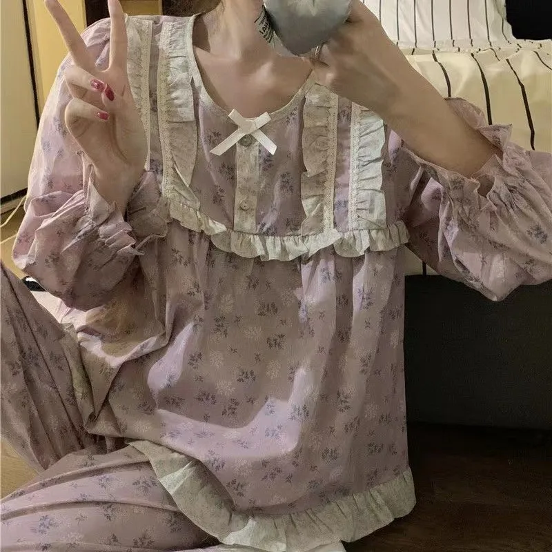2024 New Spring Autumn Sleepwear Sweet Lace Retro Shivering Pajamas Women Loose Long Sleeved Pants Homewear Pullover Loungewear