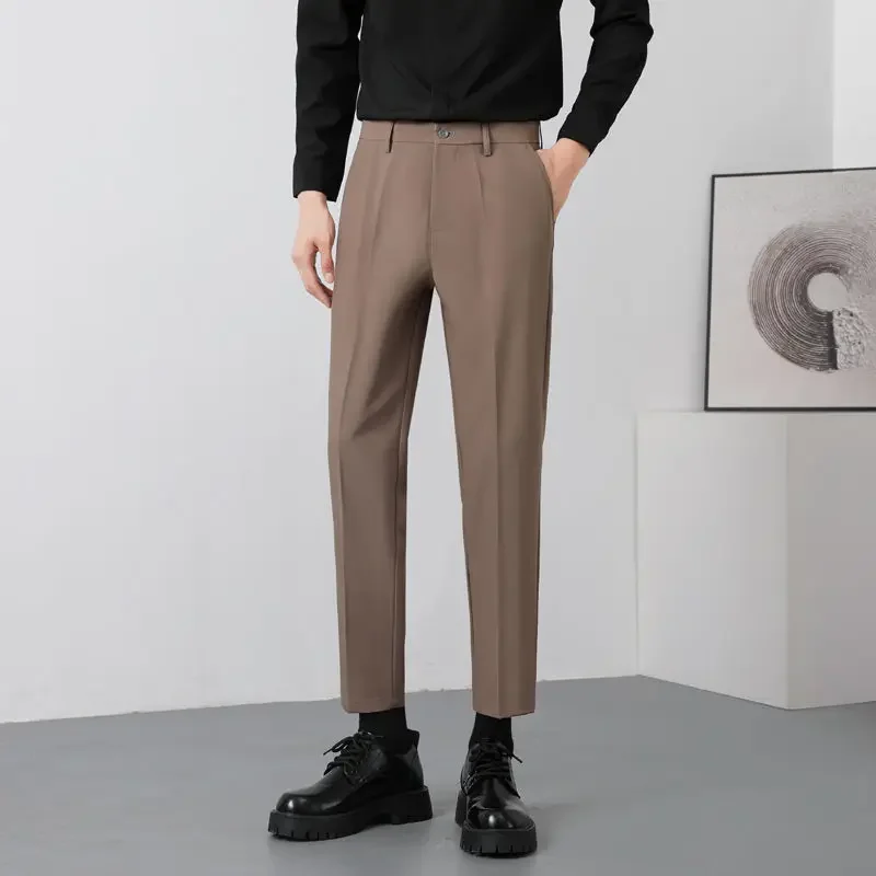 thumbnail image 1 of Pantalones de trabajo refrescantes para hombres, pantalones de oficina de seda de hielo, trajes rectos para hombre, tela clásica, sastrería coreana, reseñas, muchas novedades, 1 of 5