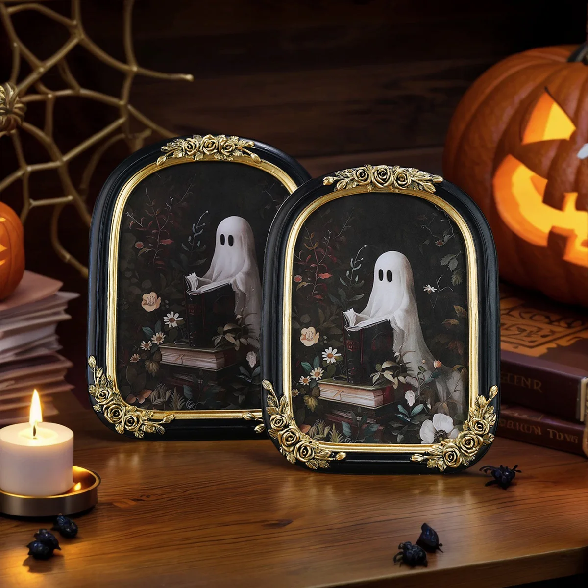 1PC,Halloween Decor Resin material ghost Reading rose arched home desktop decoration photo frame ornament