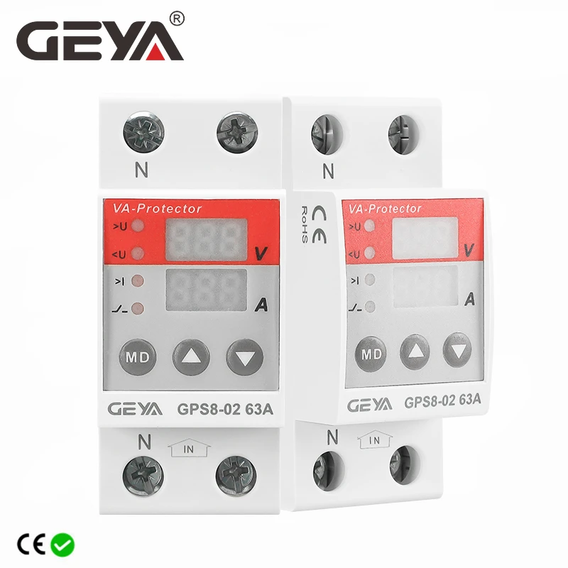  GEYA GPS8 Din Rail Over Current Protector Over Voltage Under voltage Protective Device 40A 63A 80A 220VAC 
