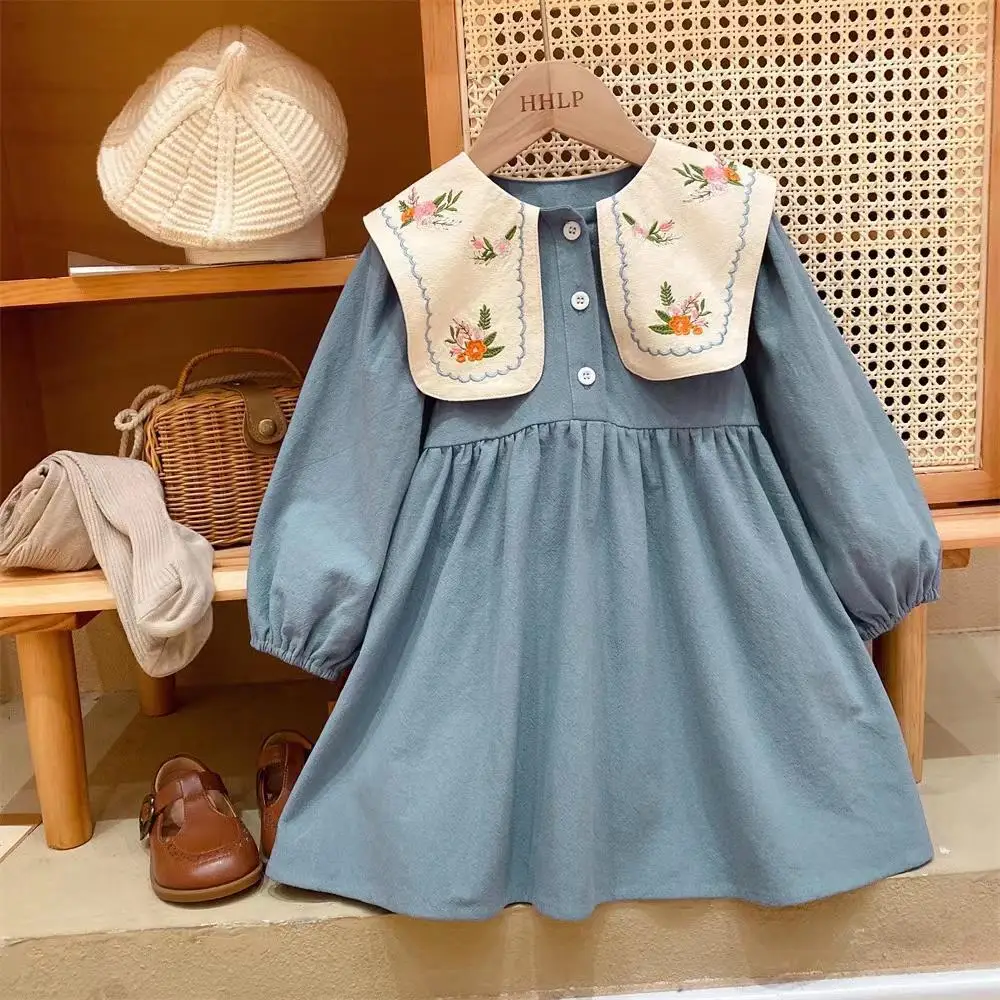 

2023 autumn new 2-9 years cotton Lapel embroidery girls dress fashion Soft Princess Dresses
