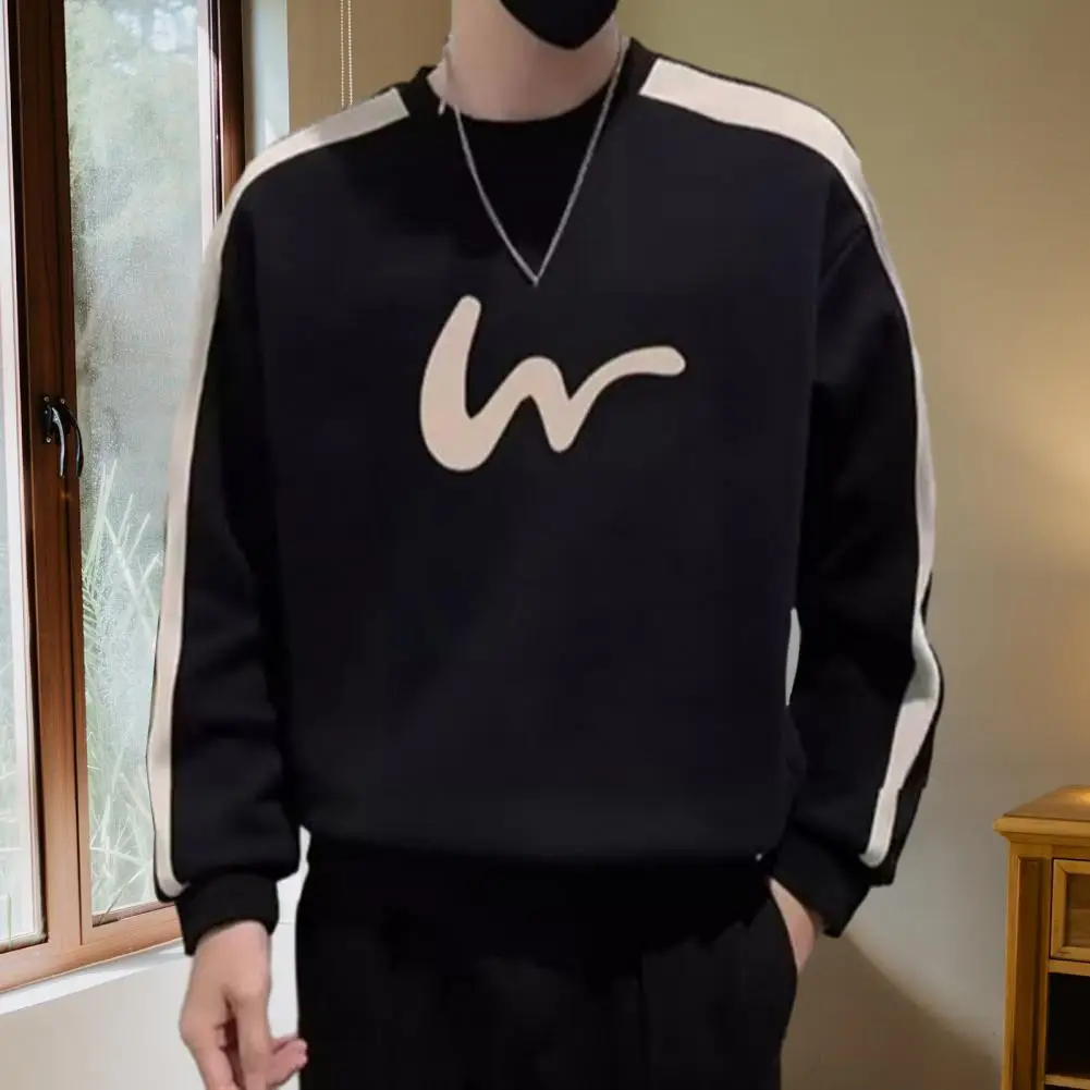 

Round Neck Long Sleeve Top Color Block Pullover Top Printed Contrast Color Men's Fall Winter Sweatshirt Loose Fit Warm for Style