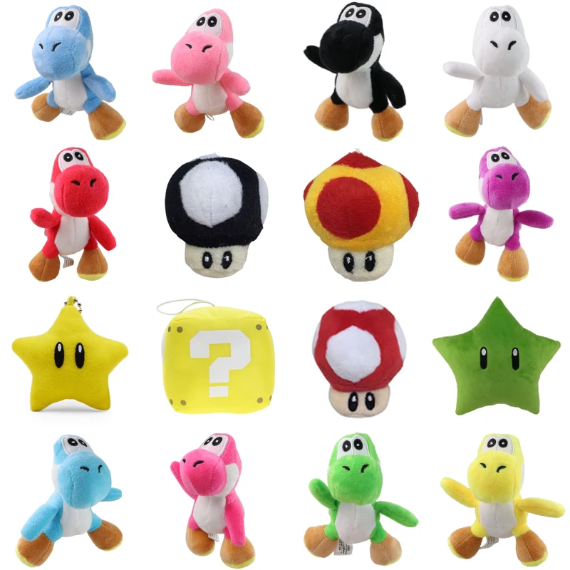 Kawaii Green Yoshi Anime Figure Plush Keychain Toys Stuffed Mushroom Yellow Block Super Star Peluche Pendant Doll Gift