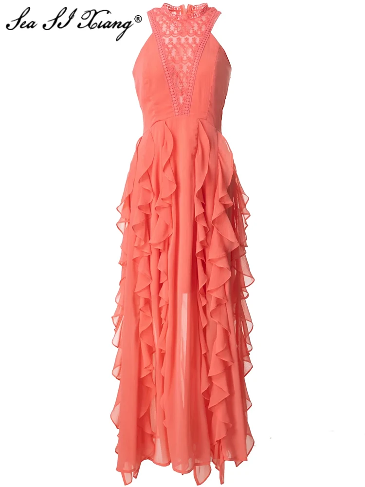 

Seasixiang Fashion Designer Spring Summer Women Tank Dress O-Neck Sleeveless Mesh Embroidery Ruffle Elegant Party Long Dresses