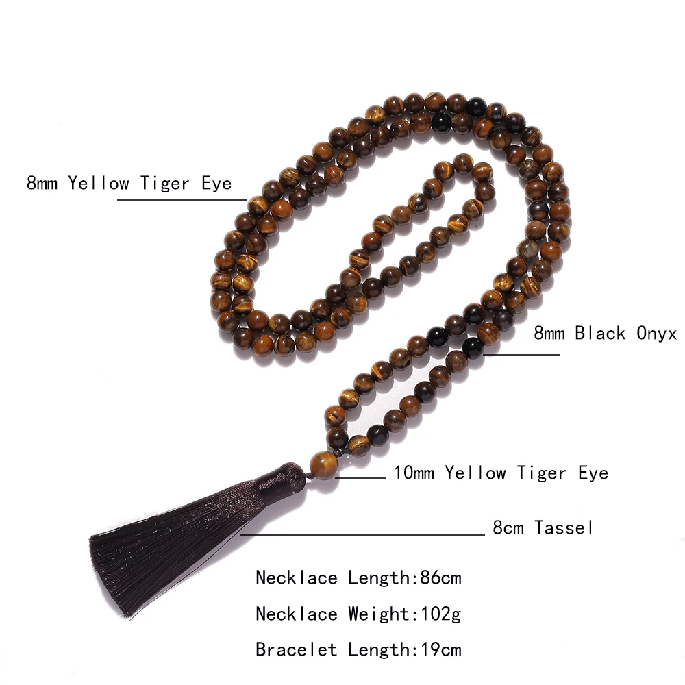 8mm přírodní žlutý tygr oči černá onyxu řetízek meditace joga šperků 108 japa mala korálkový náramek pánské a dámská nastaví