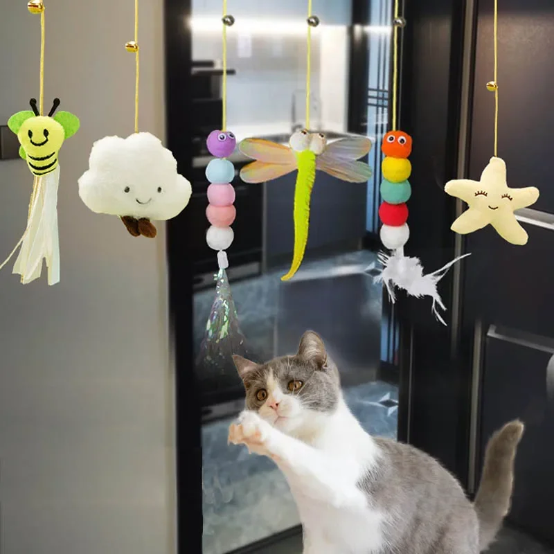 Interactive Cat Toy Hanging Door Elastic Cat Scratch Rope Cats Teaser Stick with Bell Plush Ball Catnip Toy Kitten Feather Toys