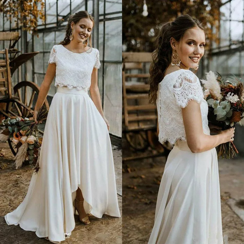 

Bohemian Two Pieces Wedding Dresses 2022 New Lace Top Short Sleeve Bridal Gown Jewel Neck Beach Wedding Gown Vestidos De Novia