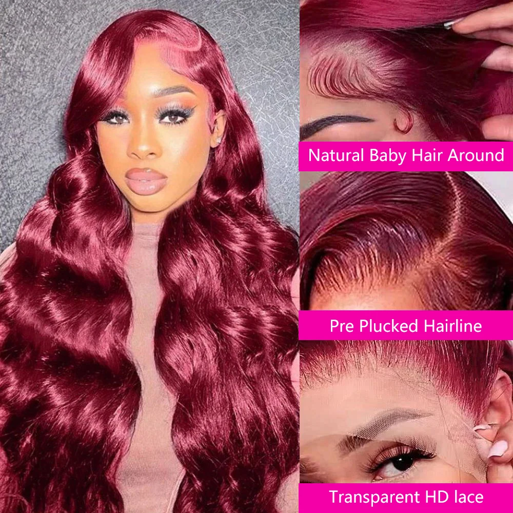 99J Burgundy Body Wave Wigs Front Wig Human Hair Wigs 13x6 HD Lace Frontal Wigs Human Hair Pre Plucked 220 Density Wig For Women