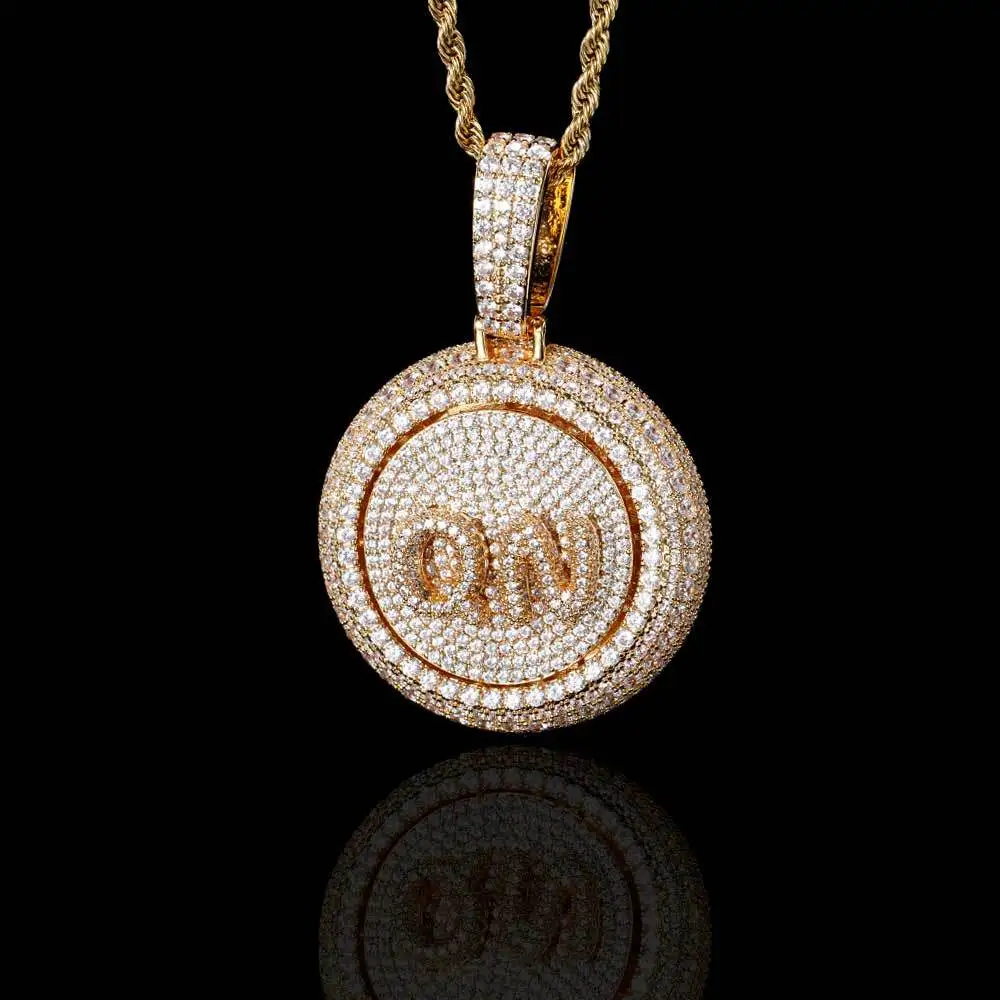 Disk Rotating Letter Round Shape Custom Pendant Zircon Personalized Name Initial Pendant Necklace