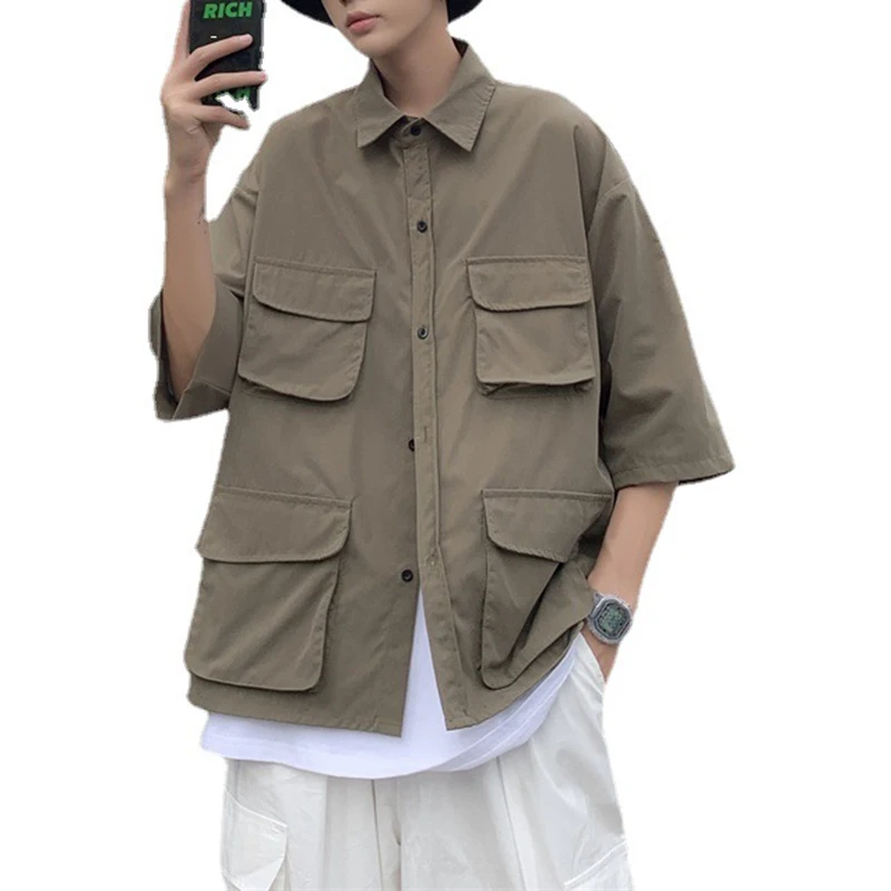 

Summer Casual Cargo Shirts Men Multi-Pocket Short-Sleeved Shirt Large Size Loose Teen Tops Breathable Cotton Male Clothing MA350