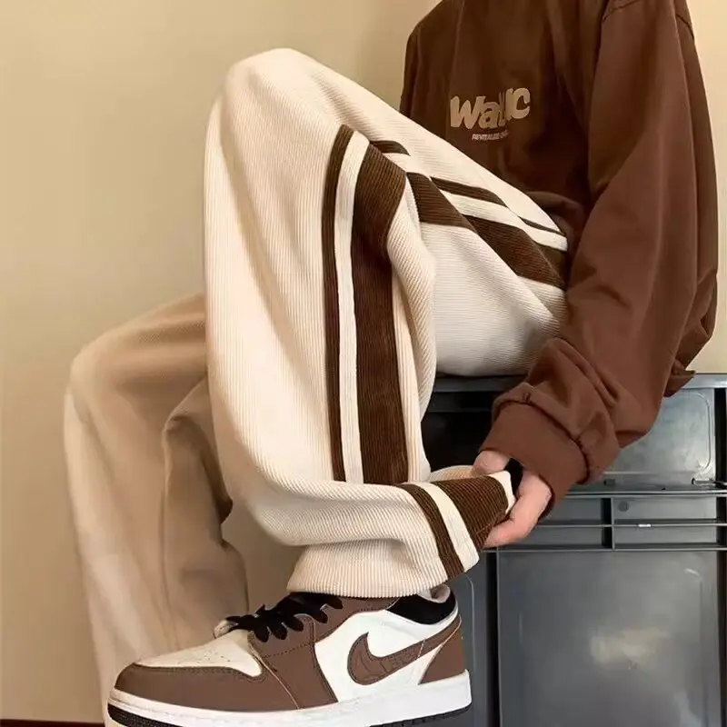 American Style Autumn Casual Pants Men's Corduroy Elastic Waist Drawstring Pocket Striped High Street Loose Straight Trousers