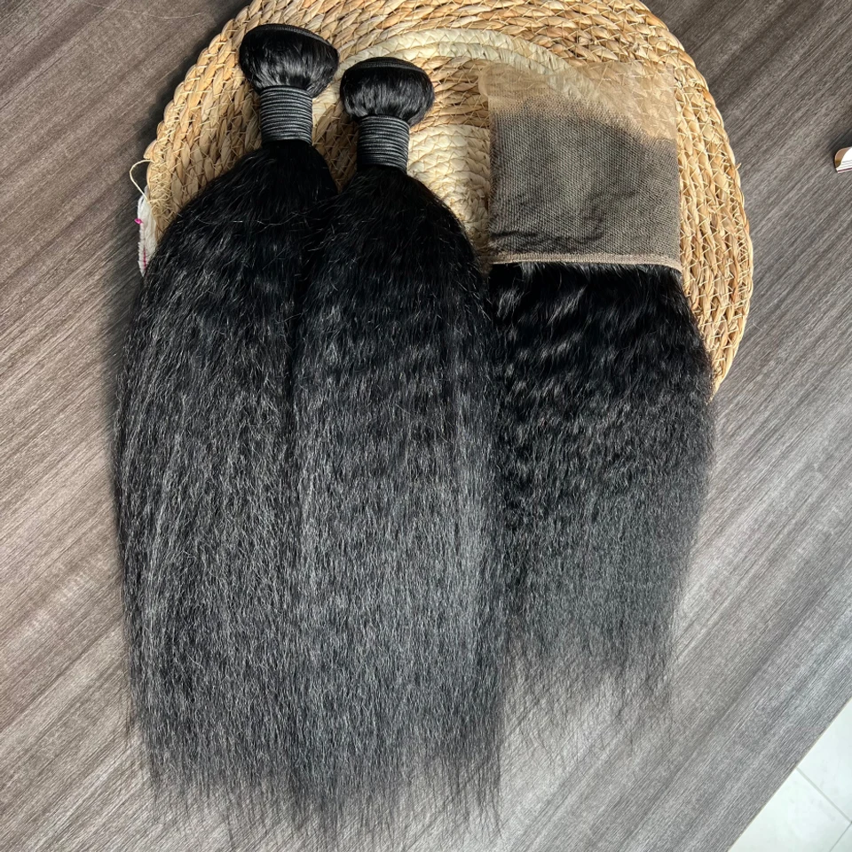 BINF Indisches Rohes Jungfräuliches Unbehandeltes Echthaar Kinky Straight Bundles mit Verschluss HD Transparent Lace Frontal und Yaki Straight – Detail 15