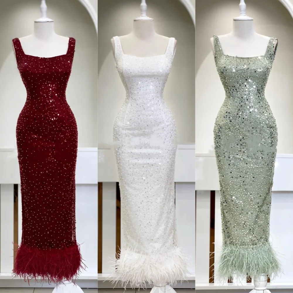 

Prom Dress Evening Sequin Feather Draped Pleat Beach A-line Square Collar Bespoke Occasion Gown Midi Dresses Saudi Arabia