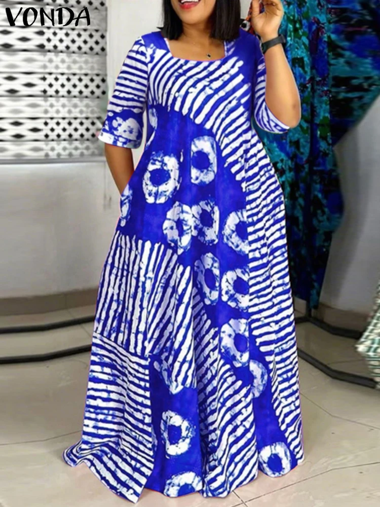 Plus Size Women Bohemian Maxi Dress 2025 Autumn Printed Long Sundress VONDA Beach Party Vestidos Half Sleeve Casual Loose Robe 1