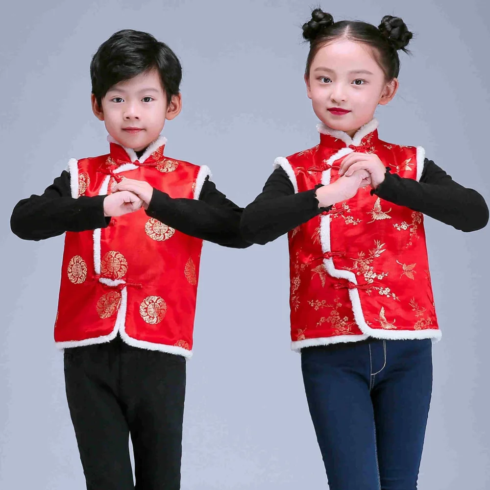 For kids Chinese New Year clothes vest Tang Dragon Phoenix cheongsam top qipao baby toddler girl boy hanfu blouse, chinese traditional costumes