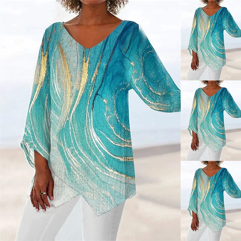 

Autumn and Winter Women's Printed Long Sleeve Splice V-neck Shirt Fashion Casual Loose Female Top Lady Shirts
