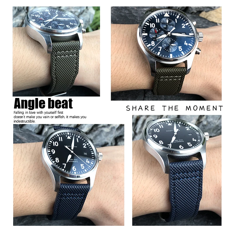 SCHIK High Density Nylon Cowhide Watch Strap 20mm 21mm Genuine Leather Embossing Green Blue Watchband Replace for IWC Pilot