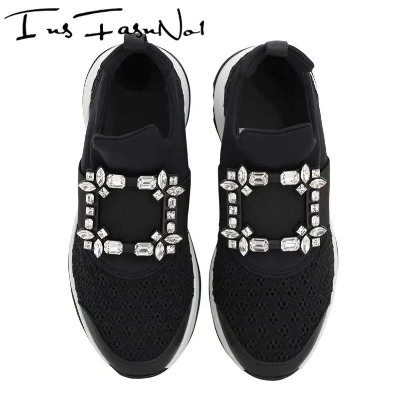 

Run Strass Buckle Sneakers Women Mesh Knit Crystal Chunky Sole Shoes Slip On Casual Ladies Sneakers Designer Trainers Flat Shoes