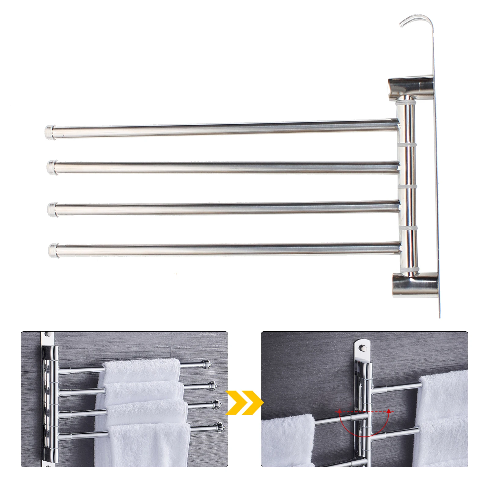 4-Arm Towel Hanger Wall Mounted Rotatable Towel Rack with 4 Rotating Swing Arm 304 Stainless Steel Organizer with Hooks
