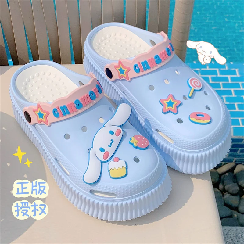 

Летняя пляжная обувь с дырками Sanrio Cinnamoroll на толстой подошве, милые домашние тапочки Hello Kitty Kuromi для девочек с сердечками