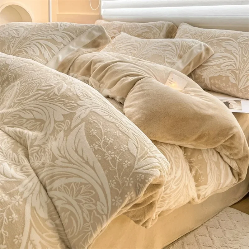 Bedding Sets Thick Warm Falais Four Sets Flannel Crystal Lace Coral Fleece Four-piece