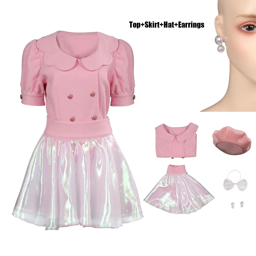 

Barbier Margot Cosplay Pink Shirt Skirt Hat Earrings Costume Outfits Girls Women Adult Halloween Carnival Disguise RolePlay Suit