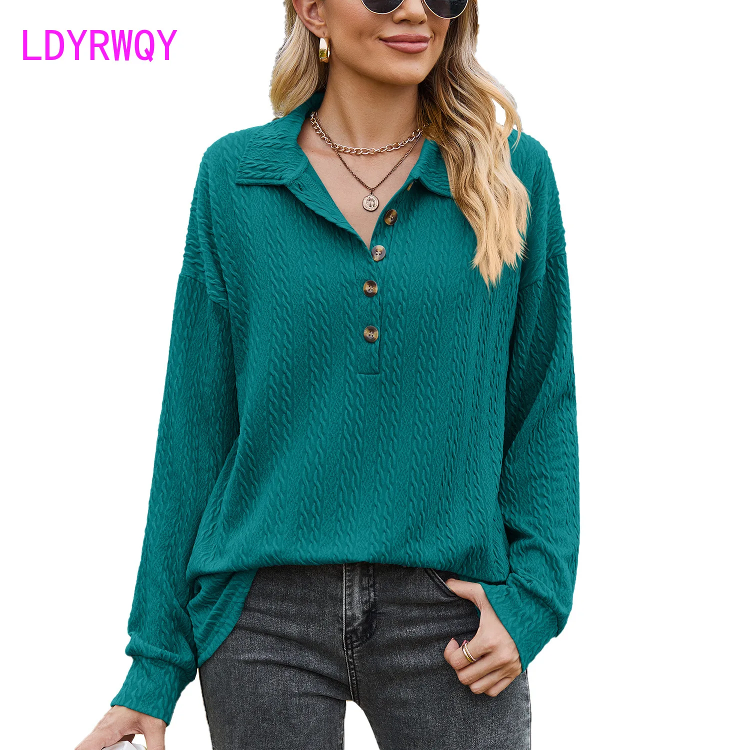 Autumn and Winter New Solid Polo Button Loose Long Sleeve Sweater Coat for Women