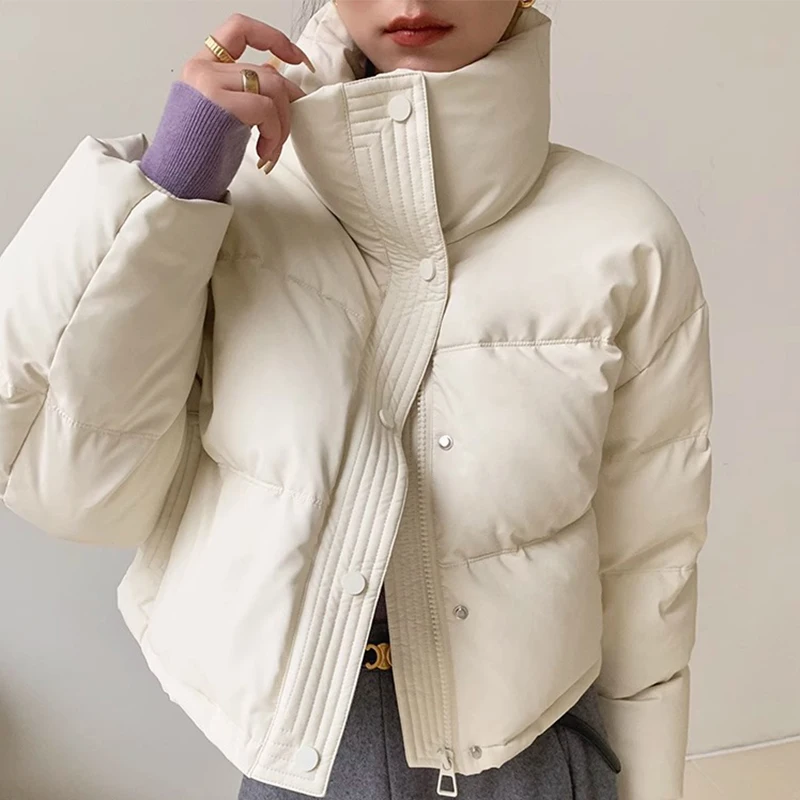 

Утолщенный теплый пуховик с воротником-стойкой 2023 Женская Повседневная модная короткая куртка из овечьей кожи Зимняя пуховая куртка на молнии с карманами