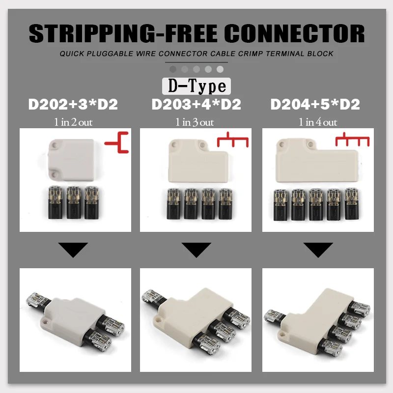 1 Stücke 1 Bis 2/3/4 D202/203/204 Draht Splitter Stecker Set Schnell Steckbare Splice LED Streifen Draht Stecker Crimp Terminal 22-18AWG
