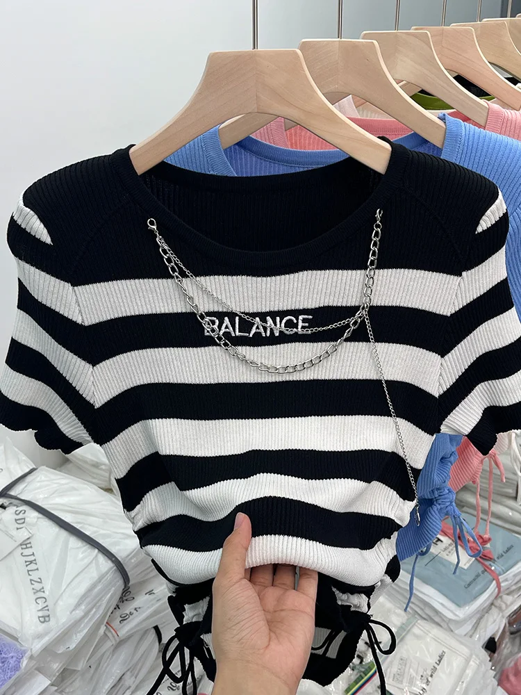 

2023 Summer Women Sexy O-Neck Black Striped Chain Harajuku T-Shirt Crop Top Short Sleeve T-shirts Fashion Vintage Pink Tee Tops