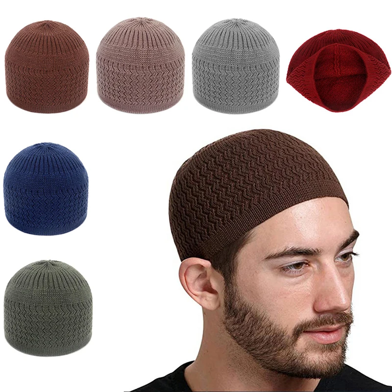 Winter Knitted Muslim Men's Prayer Hat Unisex Breathable Elastic Brimless Hat Islamic Ramadan Jewish Men's Wrap Skullies