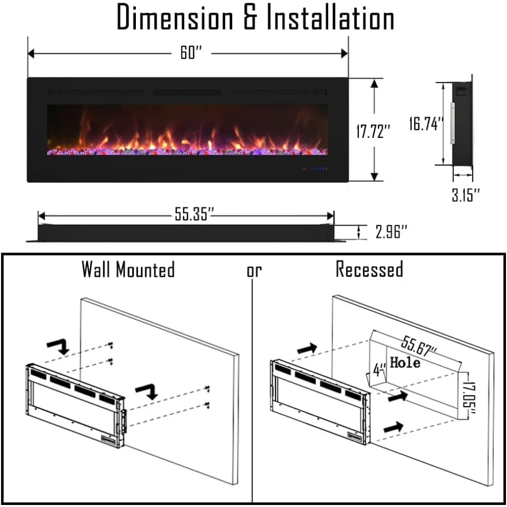 60 inch Electric Fireplace Heater, Wall Mounted & Recessed Electric Fireplace Insert, Ultra-Thin Linear Fireplace w/Thermostat 3