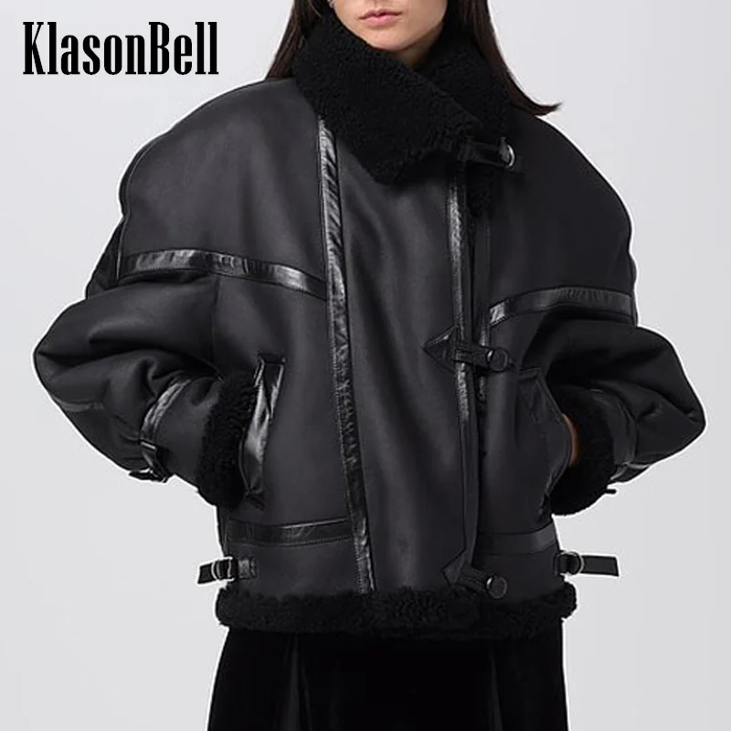 

12,25 KlasonBell женская одежда темпераментная Классическая шерстяная однобортная овчина с отложным воротником Свободная куртка верхняя одежда