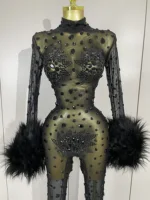 STOCK Luxury Diamond Black Mesh Transparent Stretchy Long Sleeve Jumpsuit Women Sexy Performance Singer Costume Nightclub Outfit - Image 5