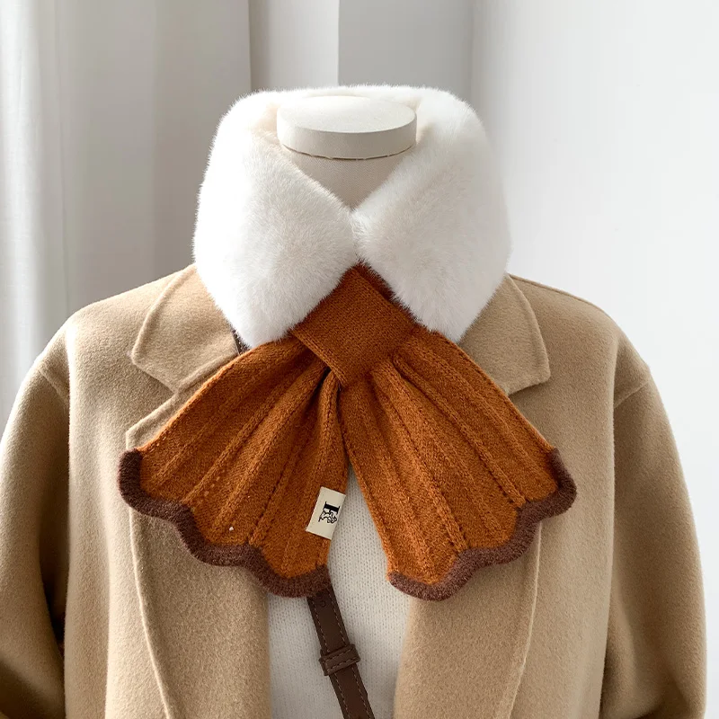 Korean Solid Color Faux Rabbit Fur Collar Cross Thicken Plush Scarf Female Winter Outdoor Wool Knit Neck Protect Warm Shawl T15